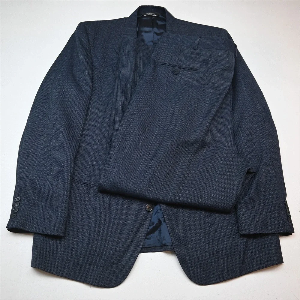 Vtg USA Made 48L 42x32 Blue Blanketweave Wool Mens Jacket Pants Suit